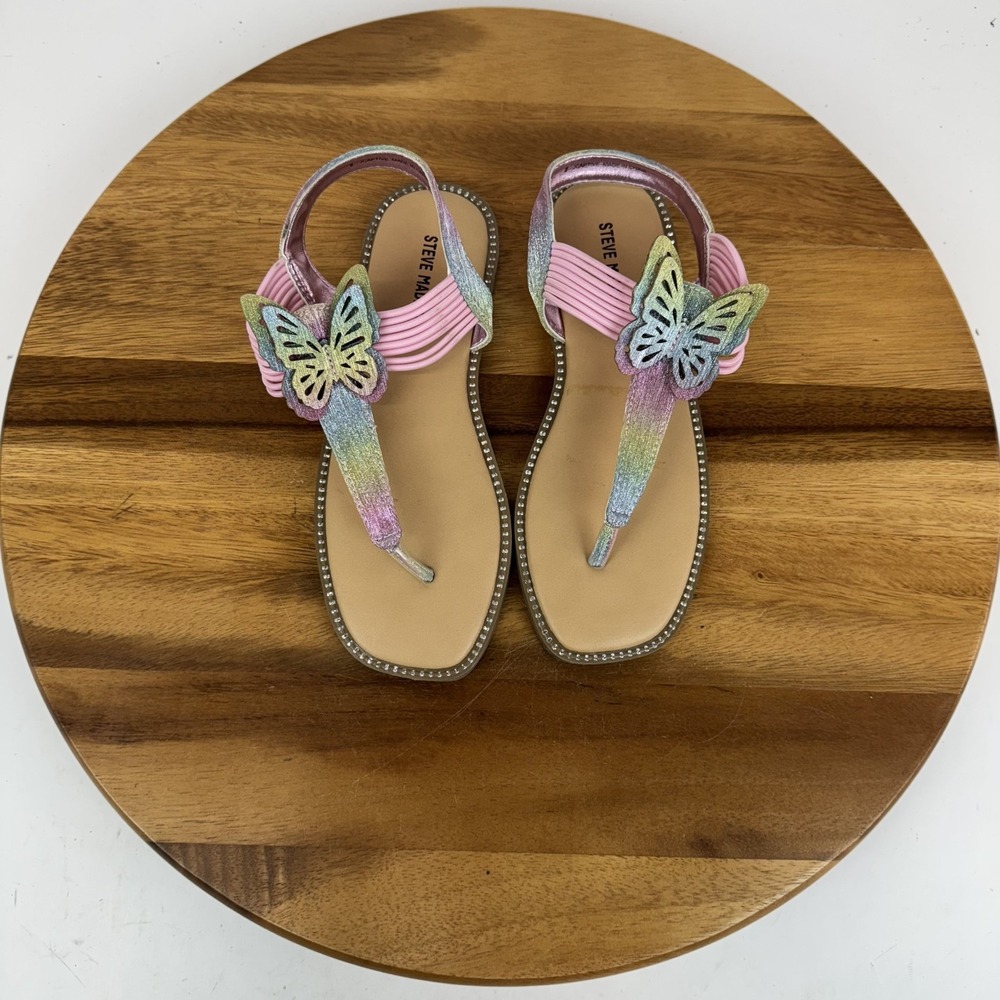 New Big Kids Steve Madden Captve Butterfly Glitter Rainbow Thong Sandals Size 2